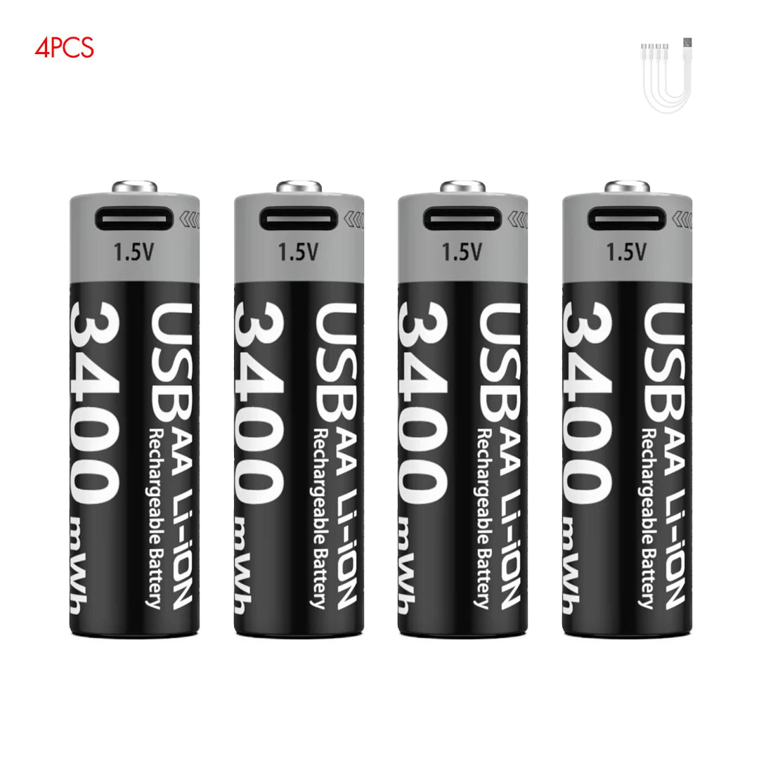 AAA and AA Rechargeable Batteries USB Lithium-Ion 3400Mwh 1.5V AA Rechargeable Batteries+1100Mwh 1.5V AAA Battery