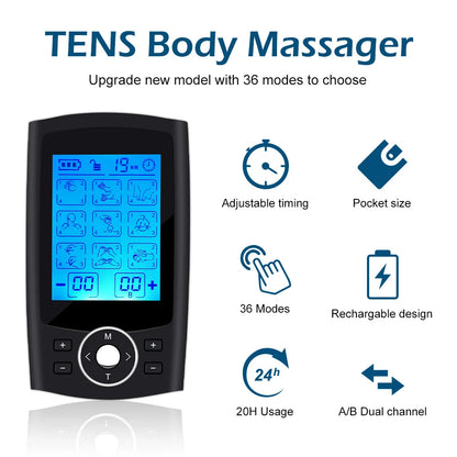 Electric Muscle Stimulation (EMS) Therapy Device with 36 Modes, 20 Intensity Levels, Adjustable Lightweight Design, and LCD Display for Pain Relief