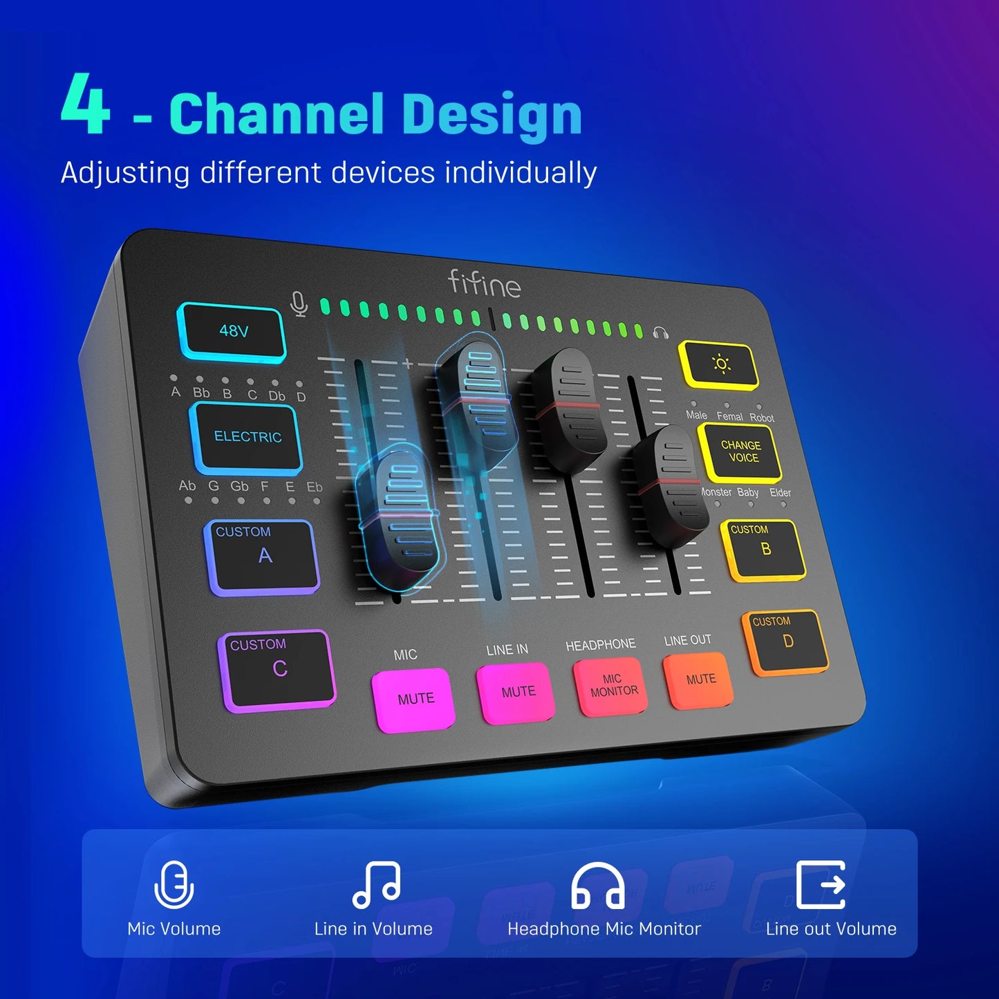 Audio Mixer Professional 4-Channel RGB with XLR Microphone Interface for Gaming, Podcasting, and Streaming - Ampligame SC3