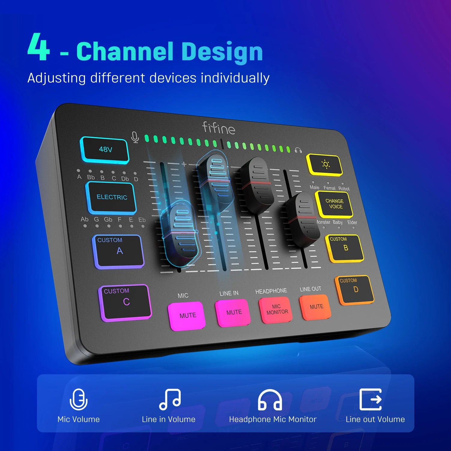 Audio Mixer Professional 4-Channel RGB with XLR Microphone Interface for Gaming, Podcasting, and Streaming - Ampligame SC3