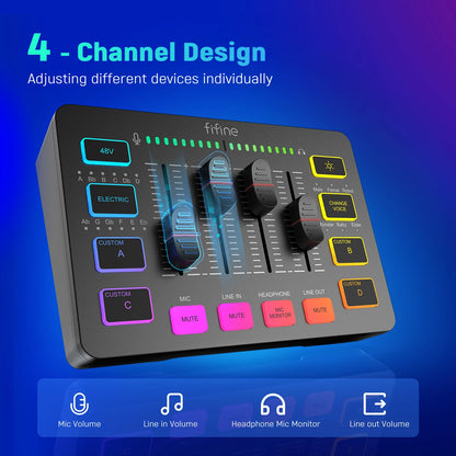 Audio Mixer Professional 4-Channel RGB with XLR Microphone Interface for Gaming, Podcasting, and Streaming - Ampligame SC3
