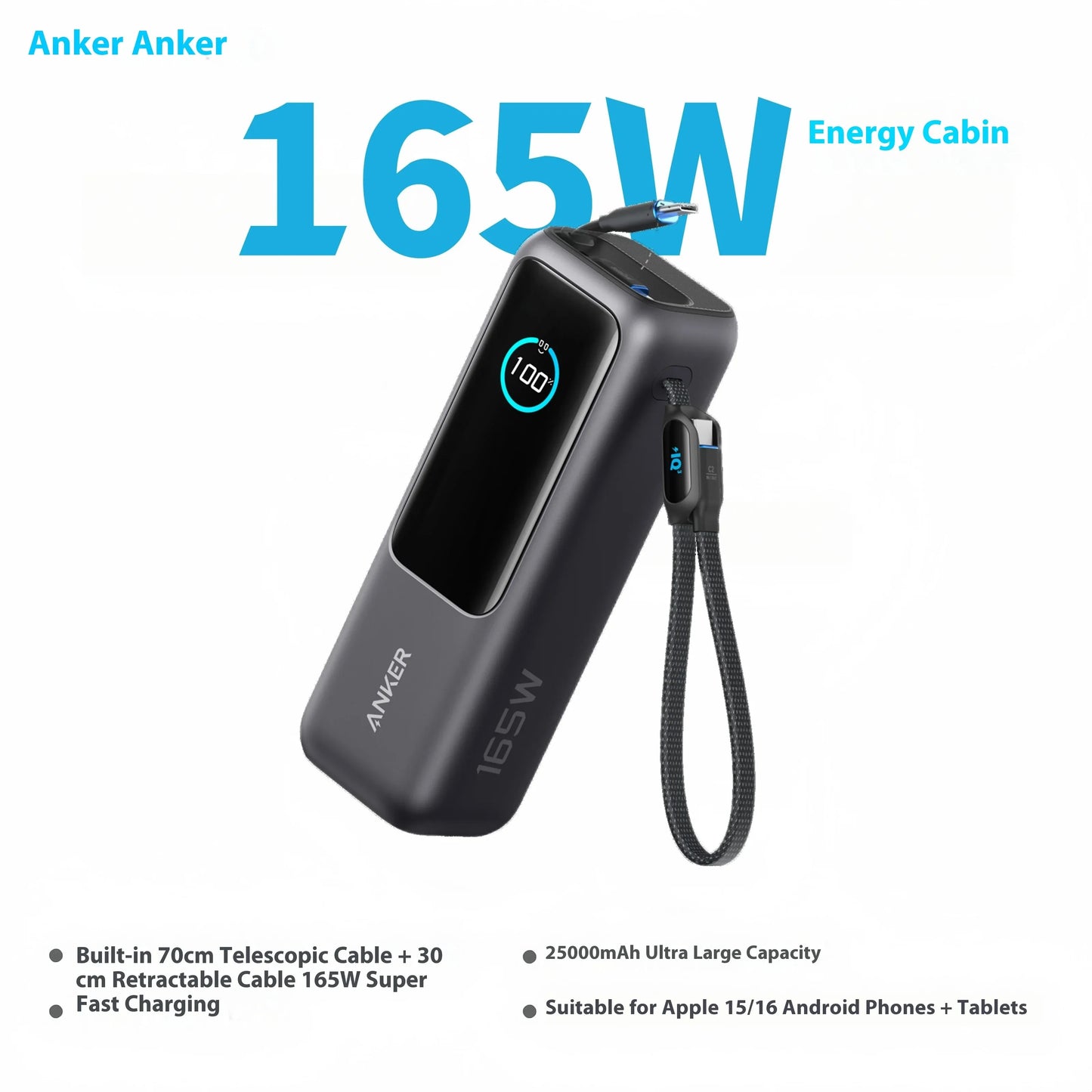 Anker Zolo 25000mAh Power Bank with 165W Maximum Fast Charging and Retractable Cables for Mobile Devices and Laptops