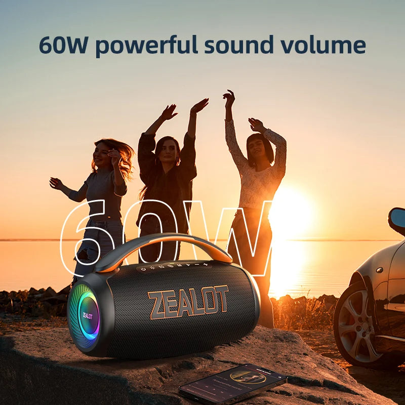 Zealot P12 60W Portable Bluetooth Speaker with IPX6 Waterproofing, Ergonomic Handle, Adjustable Lighting, TF and USB Connectivity