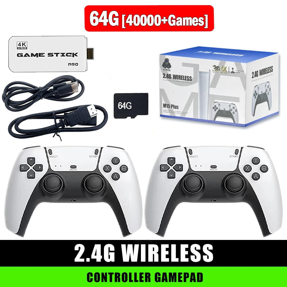 M15 4K Gaming Console Stick with 64GB Storage, Preloaded with 40,000+ Retro Games, Wireless Controllers, and Compatibility with 20+ Simulators for HD TV Gaming