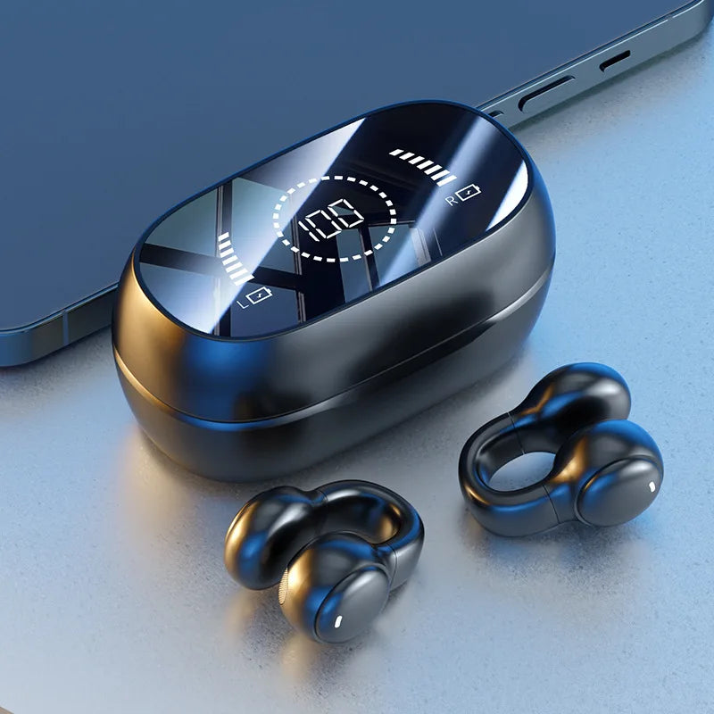  Wireless Bone conduction Earphones Digital Display with Soft Silicone Ear Clips, Noise Reduction, and High-Definition Sound for Sports