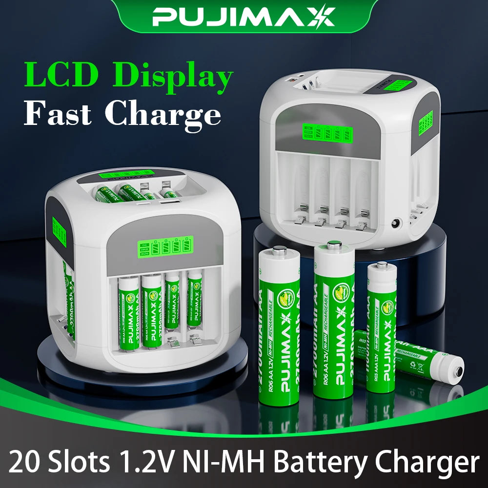 Pujimax 20-Slot Square charger for AA AAA 1.2V Ni-Mh-Ni-Cd Batteries with Rapid Charger Multi-Protection