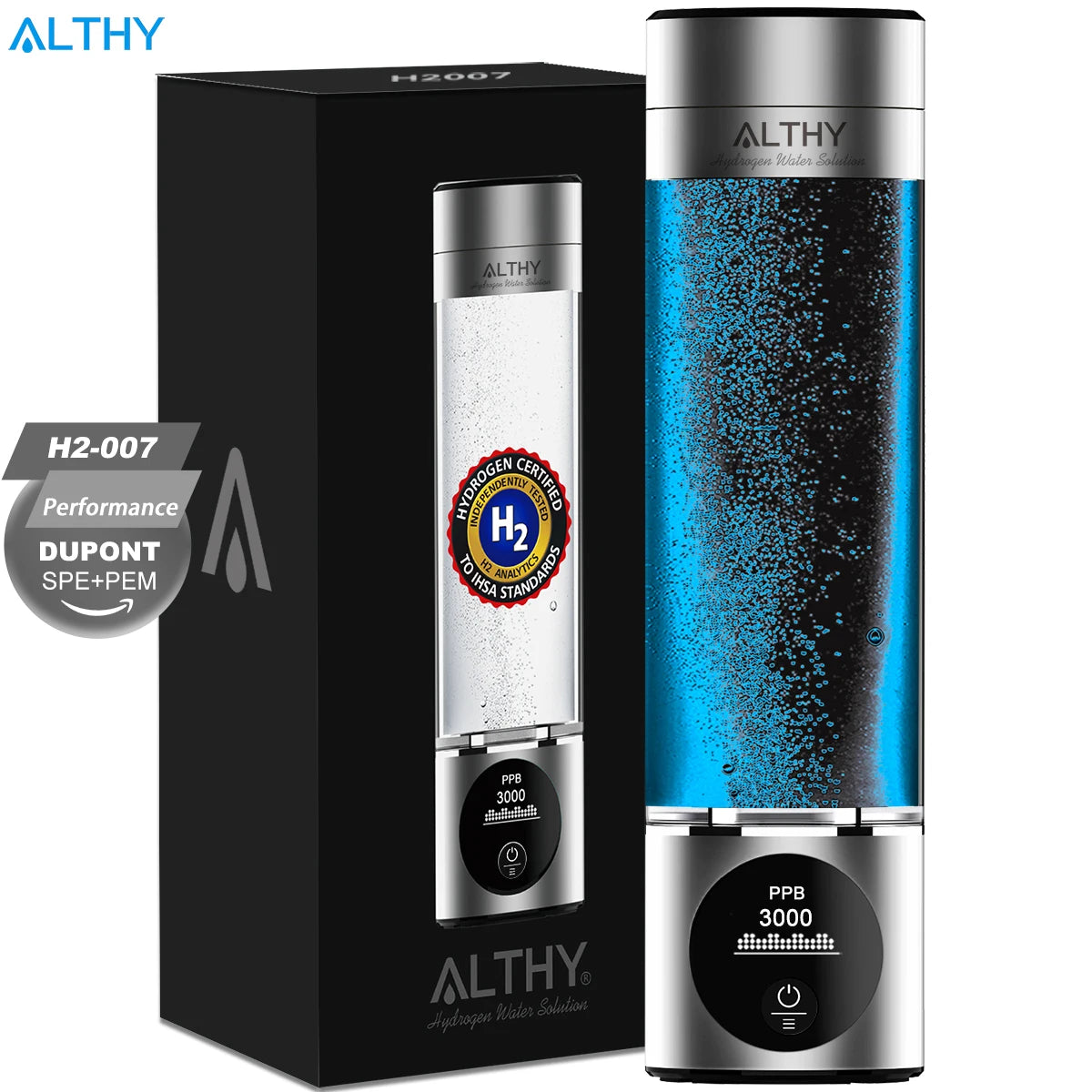 ALTHY Hydrogen Water Generator Bottle with Dupont SPE+PEM Dual Chamber, Ppb & Time & Battery Display, and H2 Inhalation Device