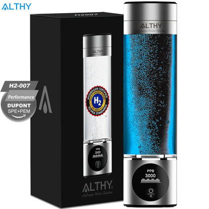 ALTHY Hydrogen Water Generator Bottle with Dupont SPE+PEM Dual Chamber, Ppb & Time & Battery Display, and H2 Inhalation Device