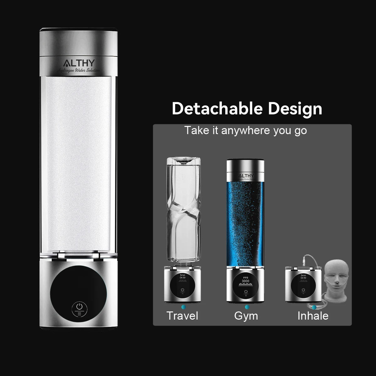 ALTHY Hydrogen Water Generator Bottle with Dupont SPE+PEM Dual Chamber, Ppb & Time & Battery Display, and H2 Inhalation Device
