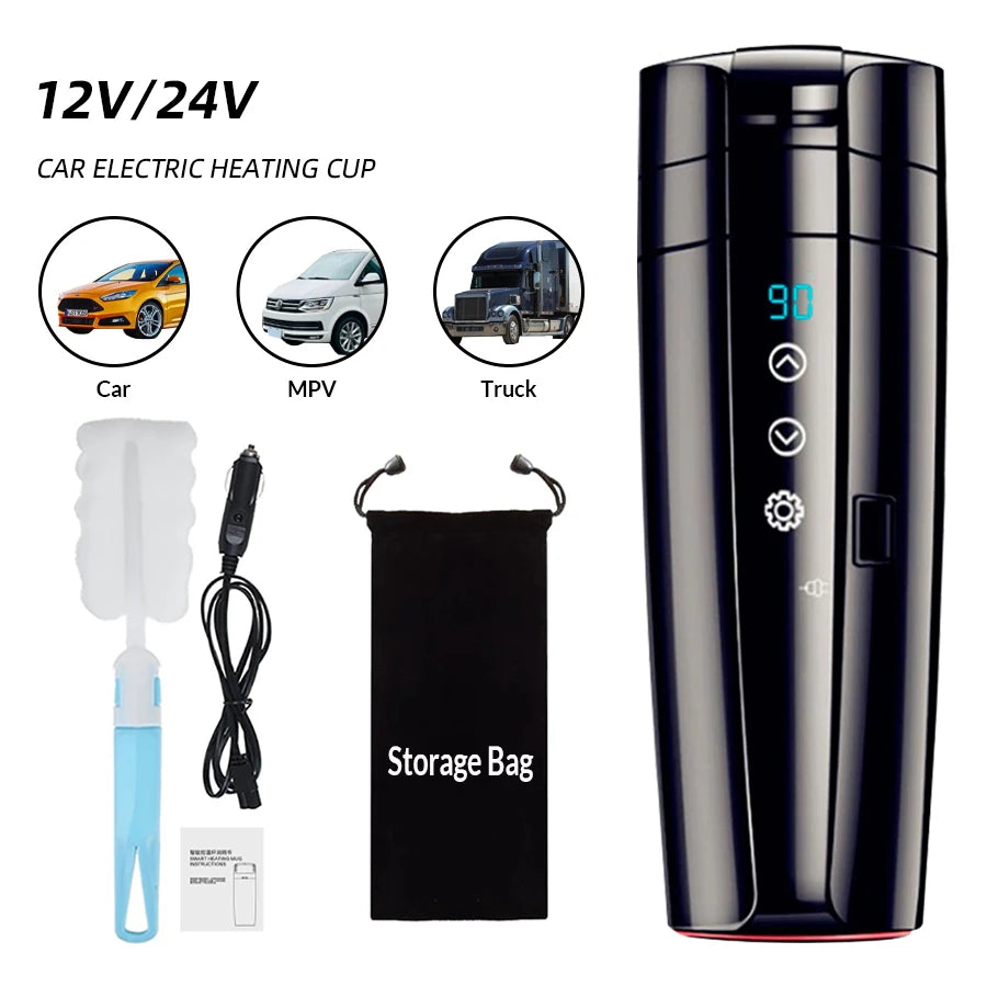 E-ACE 12V Portable Car Heating Thermos Cup - 400ml Stainless Steel Kettle with Touch Screen Digital Display