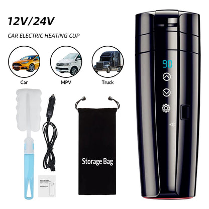 E-ACE 12V Portable Car Heating Thermos Cup - 400ml Stainless Steel Kettle with Touch Screen Digital Display