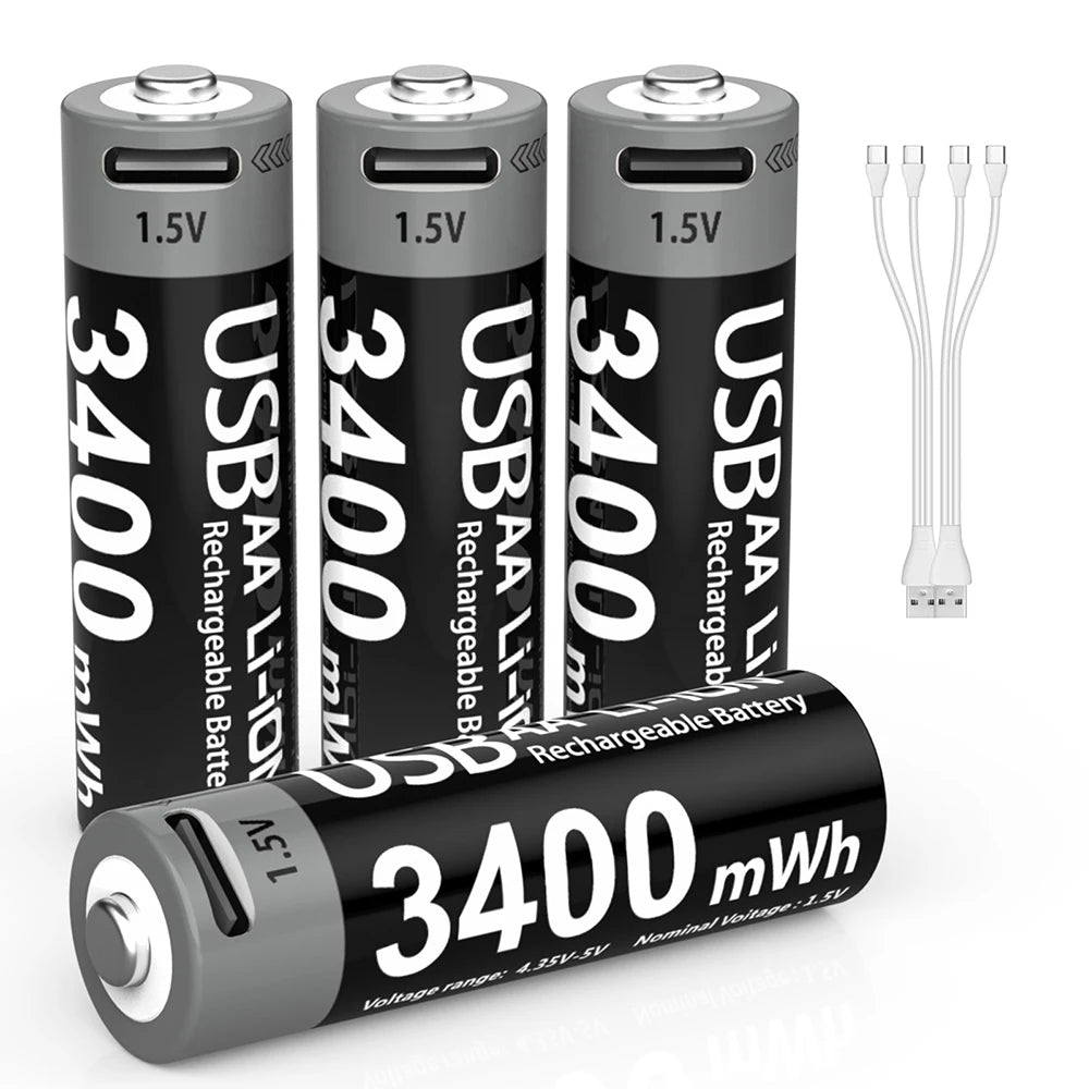 AAA and AA Rechargeable Batteries USB Lithium-Ion 3400Mwh 1.5V AA Rechargeable Batteries+1100Mwh 1.5V AAA Battery