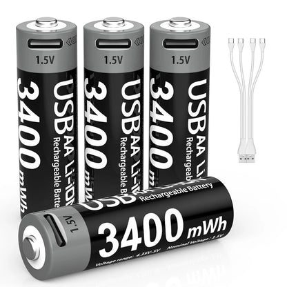 AAA and AA Rechargeable Batteries USB Lithium-Ion 3400Mwh 1.5V AA Rechargeable Batteries+1100Mwh 1.5V AAA Battery