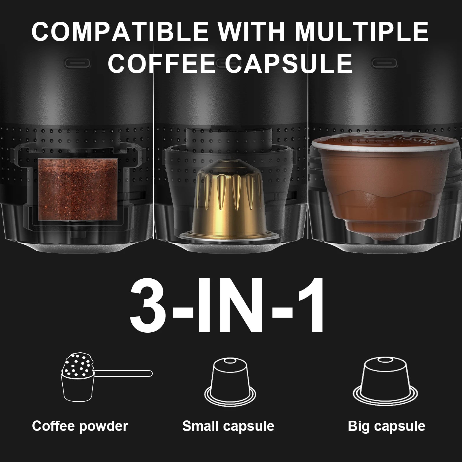 Wireless Electric Espresso Coffee Maker - 3-in-1 Capsule and Ground Coffee Travel Machine