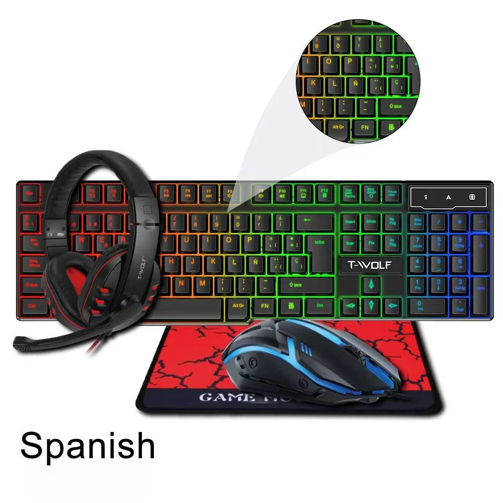 TF800 4-in-1 Gaming Combo: Wired Mouse, Keyboard, Earphones, and Extra-Large LED Rainbow Backlit Mousepad for PC and Laptop