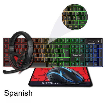 TF800 4-in-1 Gaming Combo: Wired Mouse, Keyboard, Earphones, and Extra-Large LED Rainbow Backlit Mousepad for PC and Laptop