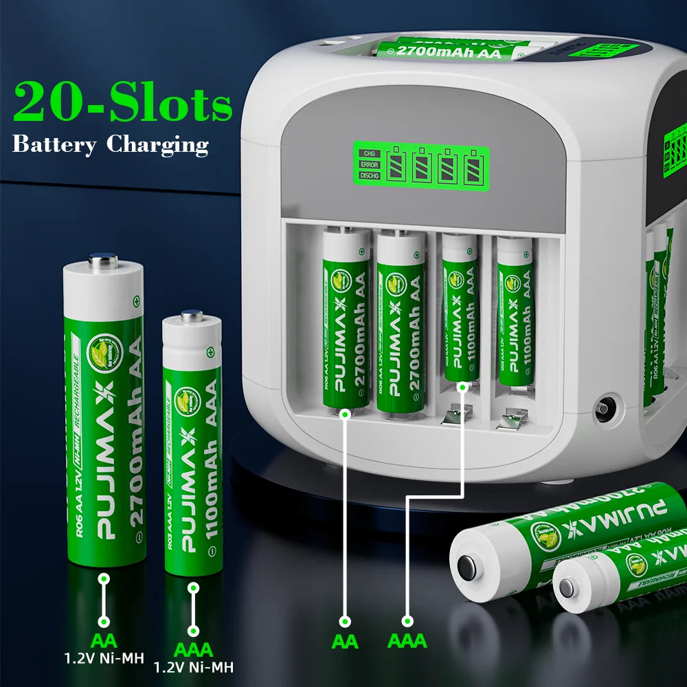 Pujimax 20-Slot Square charger for AA AAA 1.2V Ni-Mh-Ni-Cd Batteries with Rapid Charger Multi-Protection