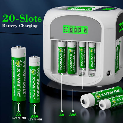 Pujimax 20-Slot Square charger for AA AAA 1.2V Ni-Mh-Ni-Cd Batteries with Rapid Charger Multi-Protection
