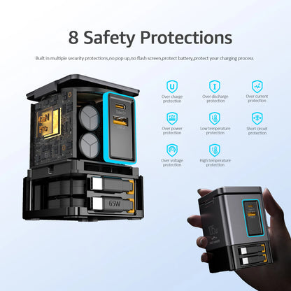 105W Dual Retractable Multi-Port Desktop Charger with 2-in-1 Wireless Charging and 65W C-Port Blind Plug and LED Ambient Lighting