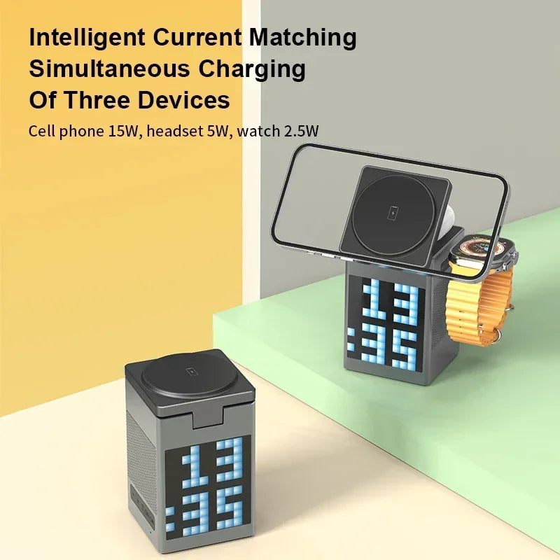 6-in-1 Magnetic Wireless Charging Stand with Bluetooth Speaker and Alarm Clock for MagSafe 