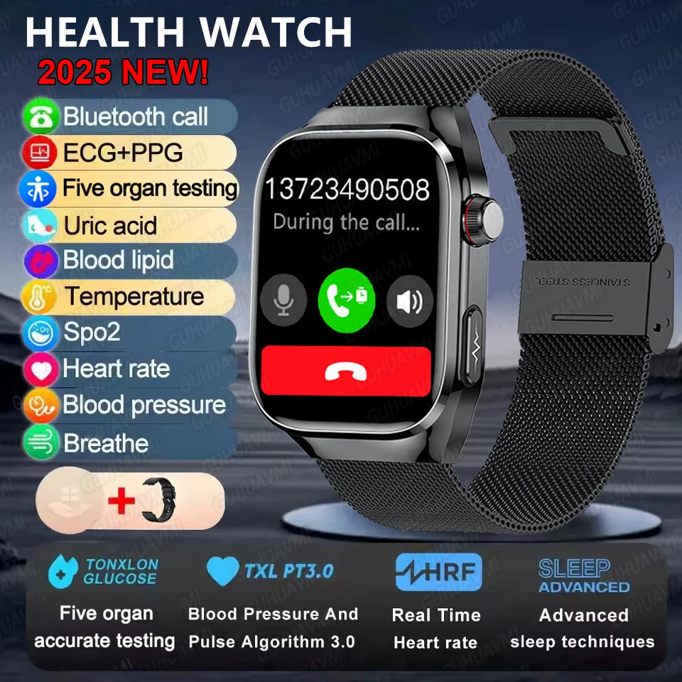 Smart Watch 2025 with Micro Physical Examination ECG, Uric Acid and Body Fat Monitoring, Bluetooth Calling
