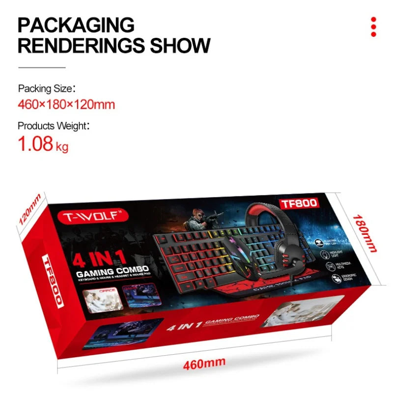 TF800 4-in-1 Gaming Combo: Wired Mouse, Keyboard, Earphones, and Extra-Large LED Rainbow Backlit Mousepad for PC and Laptop