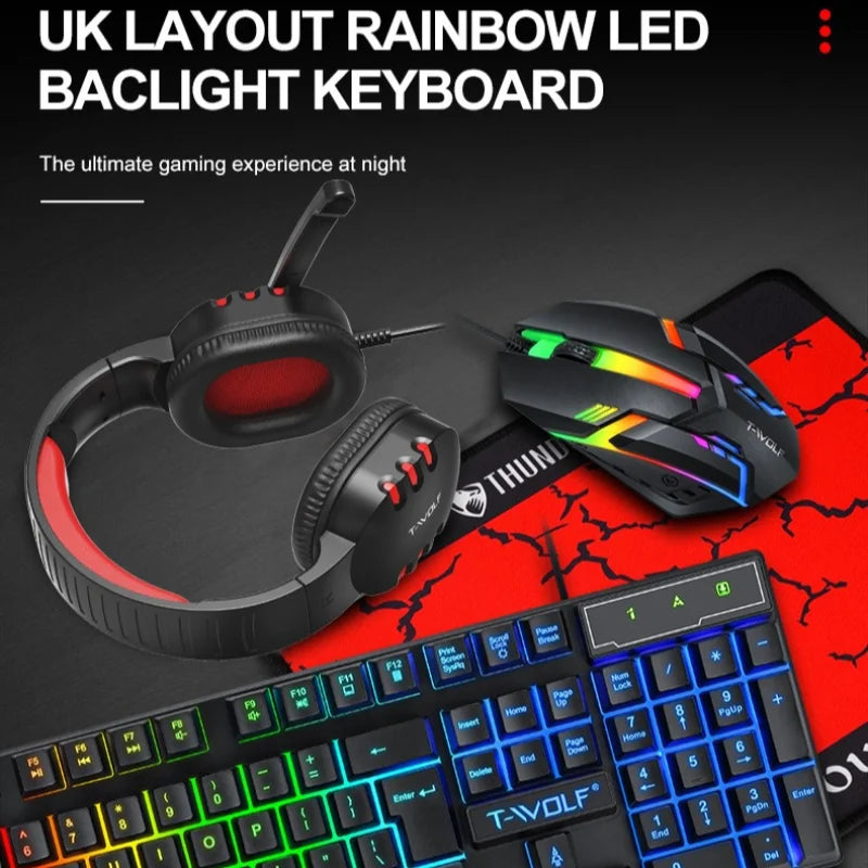 TF800 4-in-1 Gaming Combo: Wired Mouse, Keyboard, Earphones, and Extra-Large LED Rainbow Backlit Mousepad for PC and Laptop