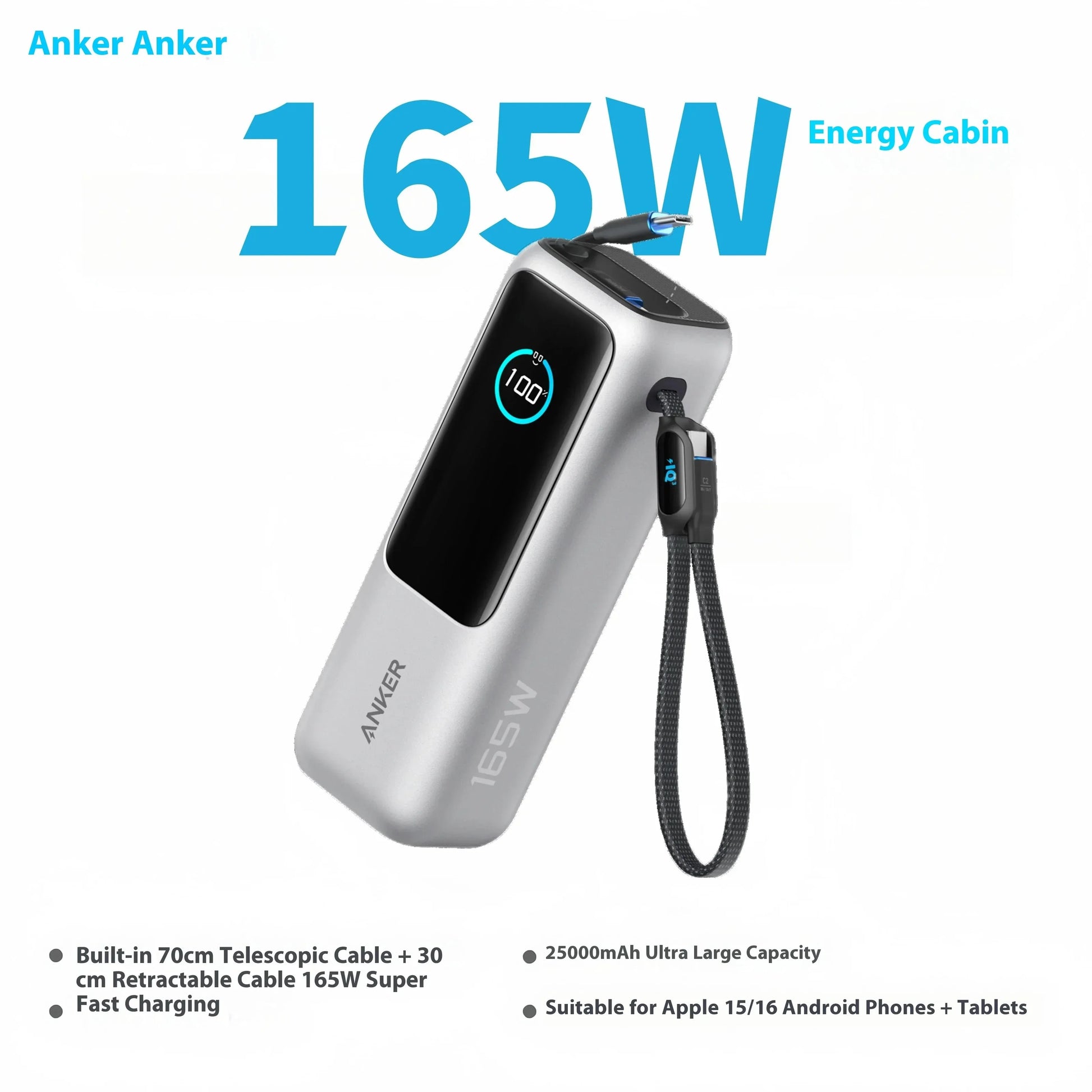 Anker Zolo 25000mAh Power Bank with 165W Maximum Fast Charging and Retractable Cables for Mobile Devices and Laptops