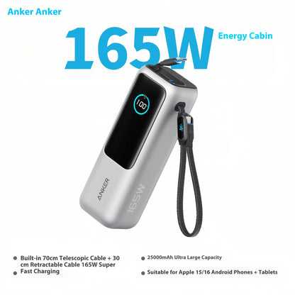 Anker Zolo 25000mAh Power Bank with 165W Maximum Fast Charging and Retractable Cables for Mobile Devices and Laptops