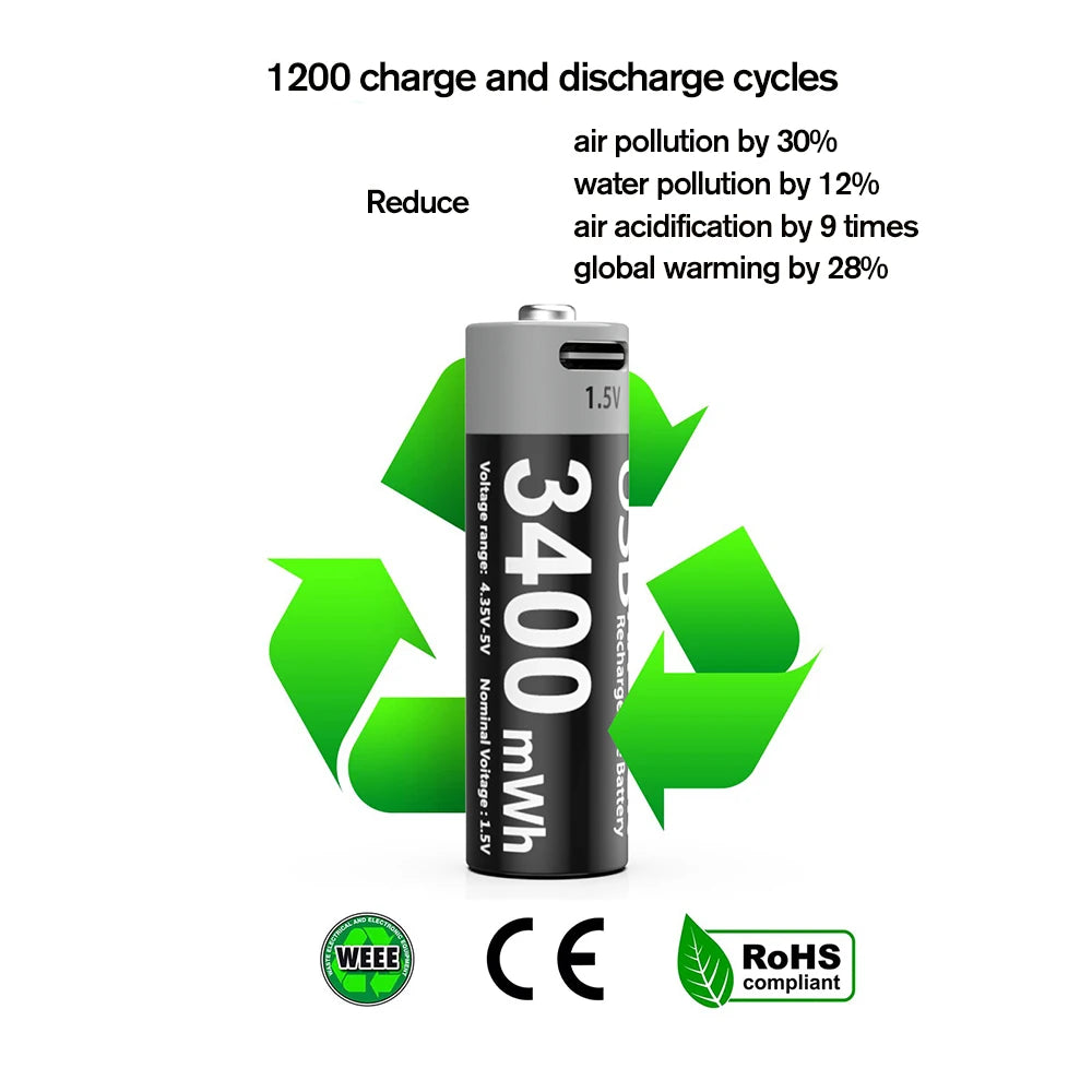 AAA and AA Rechargeable Batteries USB Lithium-Ion 3400Mwh 1.5V AA Rechargeable Batteries+1100Mwh 1.5V AAA Battery