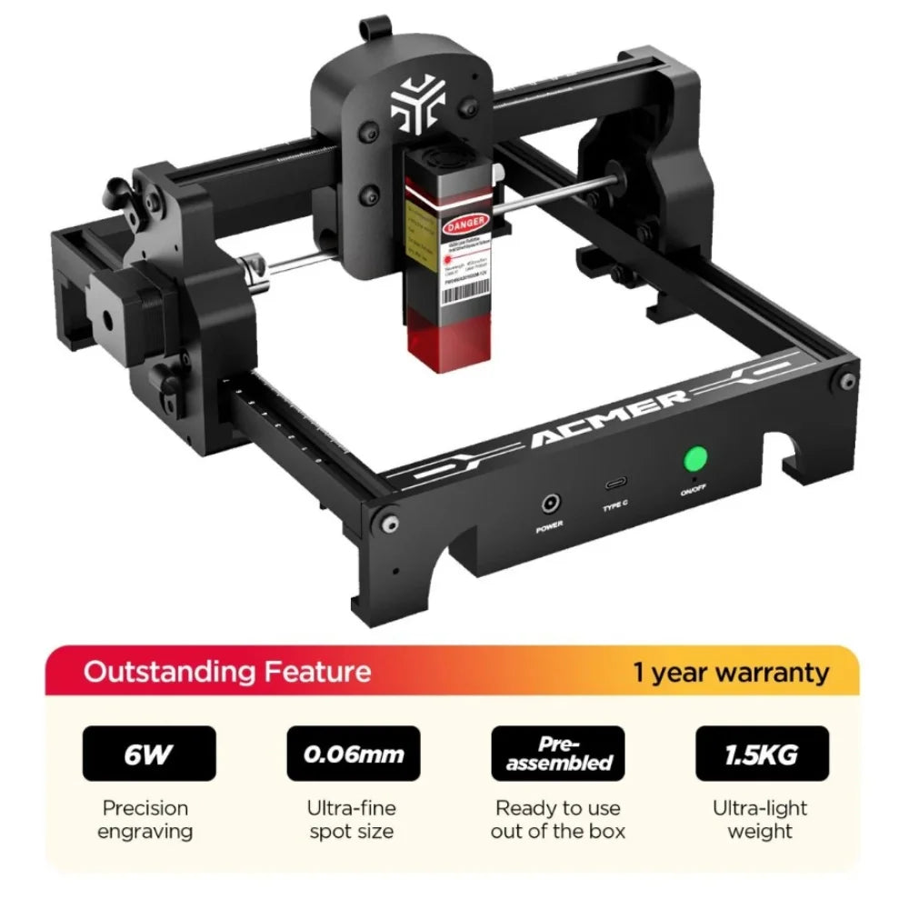 Acmer S1 6W Portable Mini Laser Engraver and Cutter for Wood, Leather, and Acrylic - Ideal for DIY Logo Projects and Beginners