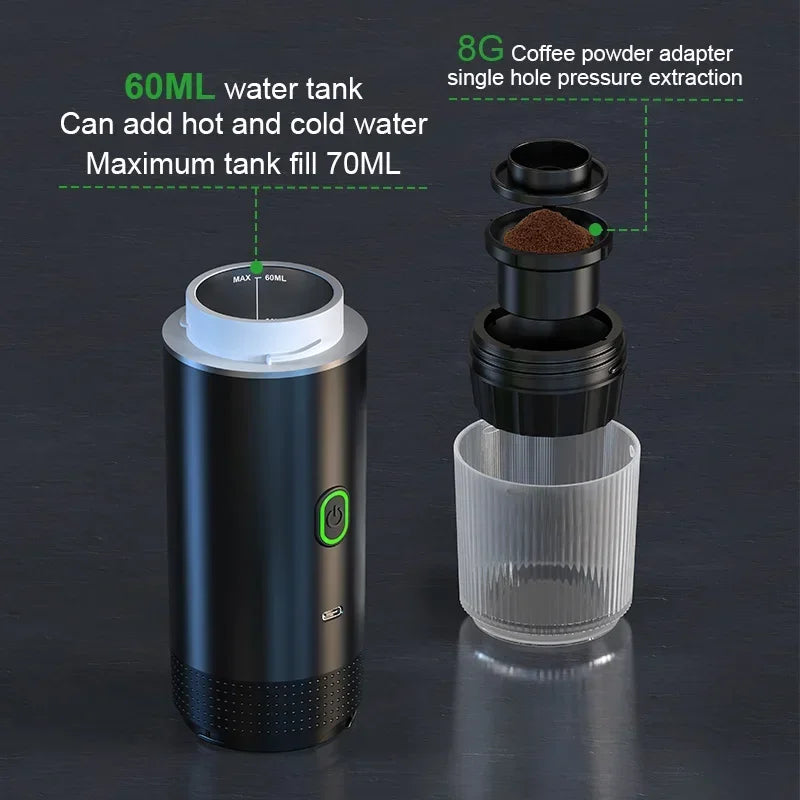 Wireless Electric Espresso Coffee Maker - 3-in-1 Capsule and Ground Coffee Travel Machine