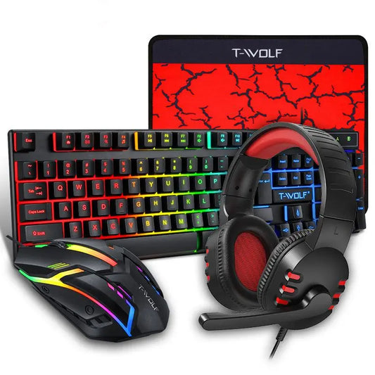 TF800 4-in-1 Gaming Combo: Wired Mouse, Keyboard, Earphones, and Extra-Large LED Rainbow Backlit Mousepad for PC and Laptop