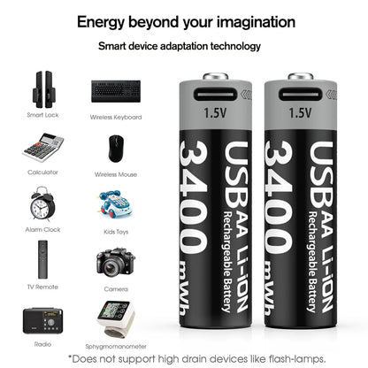 AAA and AA Rechargeable Batteries USB Lithium-Ion 3400Mwh 1.5V AA Rechargeable Batteries+1100Mwh 1.5V AAA Battery