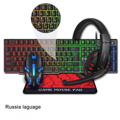 TF800 4-in-1 Gaming Combo: Wired Mouse, Keyboard, Earphones, and Extra-Large LED Rainbow Backlit Mousepad for PC and Laptop