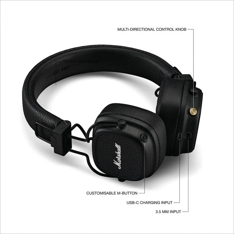 Marshall Major V5 Wireless Bluetooth Headphones with Microphone, Foldable Retro Design, Compatible with Bluetooth App