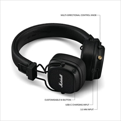 Marshall Major V5 Wireless Bluetooth Headphones with Microphone, Foldable Retro Design, Compatible with Bluetooth App