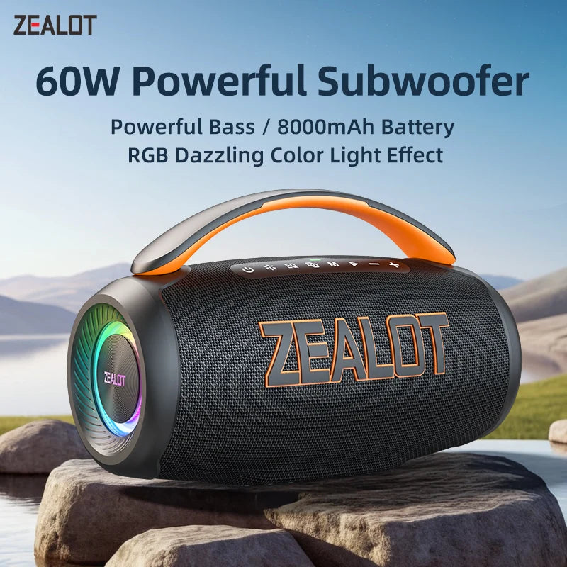 Zealot P12 60W Portable Bluetooth Speaker with IPX6 Waterproofing, Ergonomic Handle, Adjustable Lighting, TF and USB Connectivity