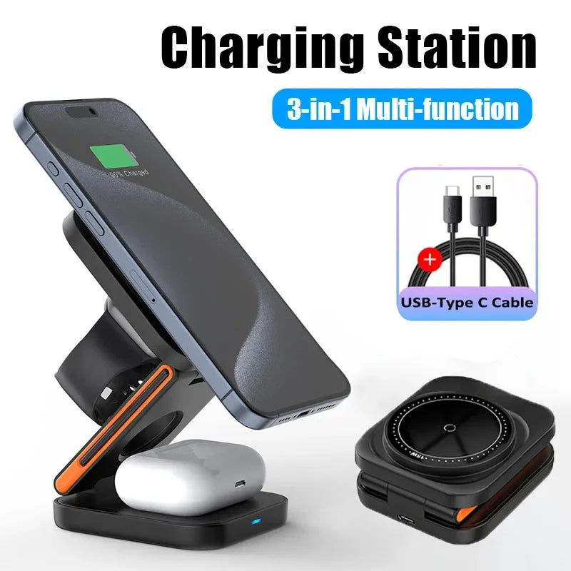 30W 3-in-1 Foldable Fast Magnetic Wireless Charging Station for iPhone 15/14/13/12, Apple Watch Series 8/7/6, and AirPods Pro