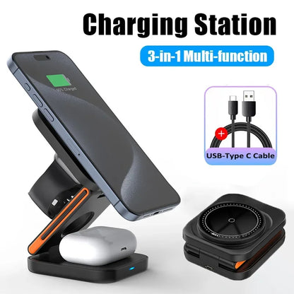 30W 3-in-1 Foldable Fast Magnetic Wireless Charging Station for iPhone 15/14/13/12, Apple Watch Series 8/7/6, and AirPods Pro