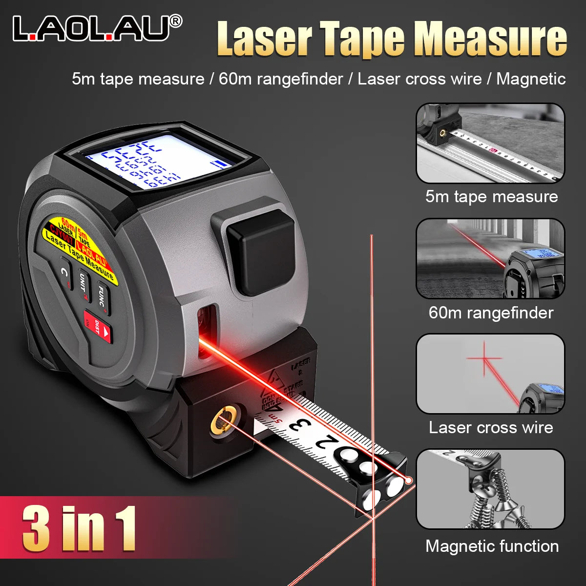 3-in-1 Laser Rangefinder with 5M Tape Measure and Handheld Laser Meter for Accurate Measurements and Cross Line Laser Level