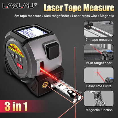 3-in-1 Laser Rangefinder with 5M Tape Measure and Handheld Laser Meter for Accurate Measurements and Cross Line Laser Level