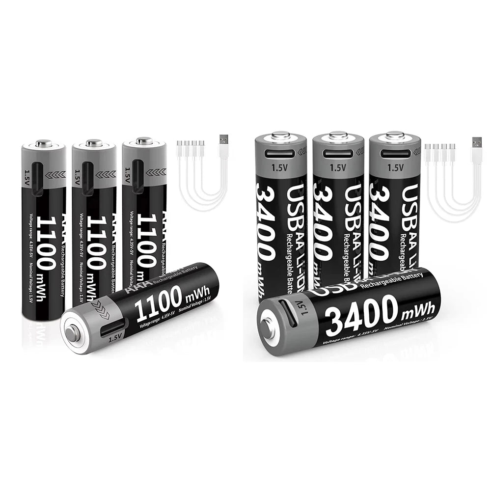 AAA and AA Rechargeable Batteries USB Lithium-Ion 3400Mwh 1.5V AA Rechargeable Batteries+1100Mwh 1.5V AAA Battery