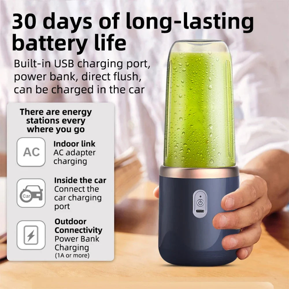 Portable Electric Juicer 6-Blade with USB Charging - 2 Travel Cups