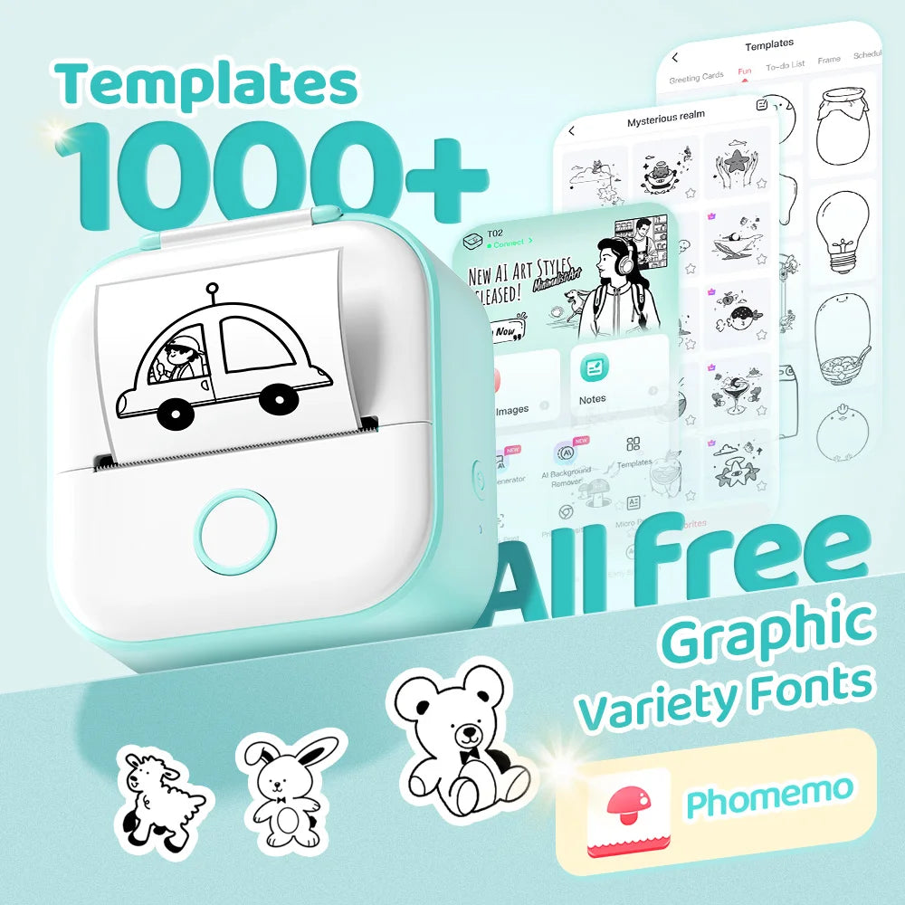 Phomemo T02 Wireless Mini Thermal Printer - Portable Adhesive Sticker Printer for DIY Projects and Journaling, Ideal Gift for Students