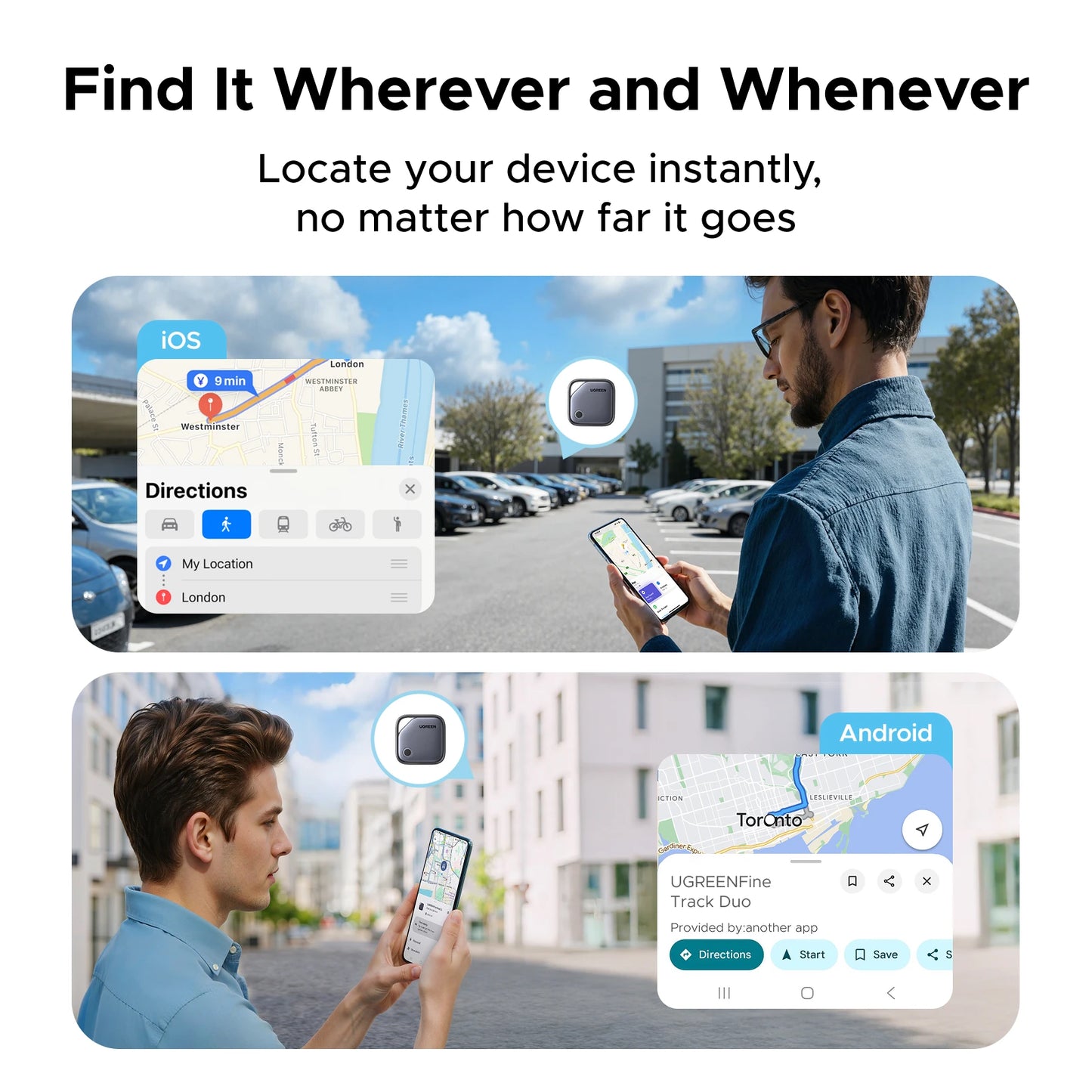 UGreen Dual System Compatible Smart Finder for Apple Find My (iOS) and Find Hub App (Android) Bluetooth Tracker Card