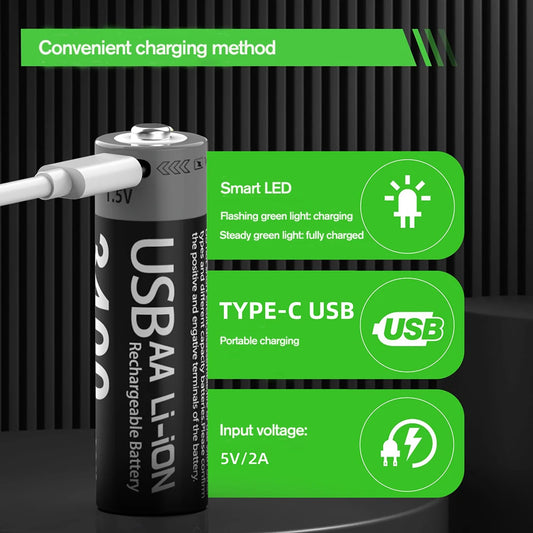 AAA and AA Rechargeable Batteries USB Lithium-Ion 3400Mwh 1.5V AA Rechargeable Batteries+1100Mwh 1.5V AAA Battery