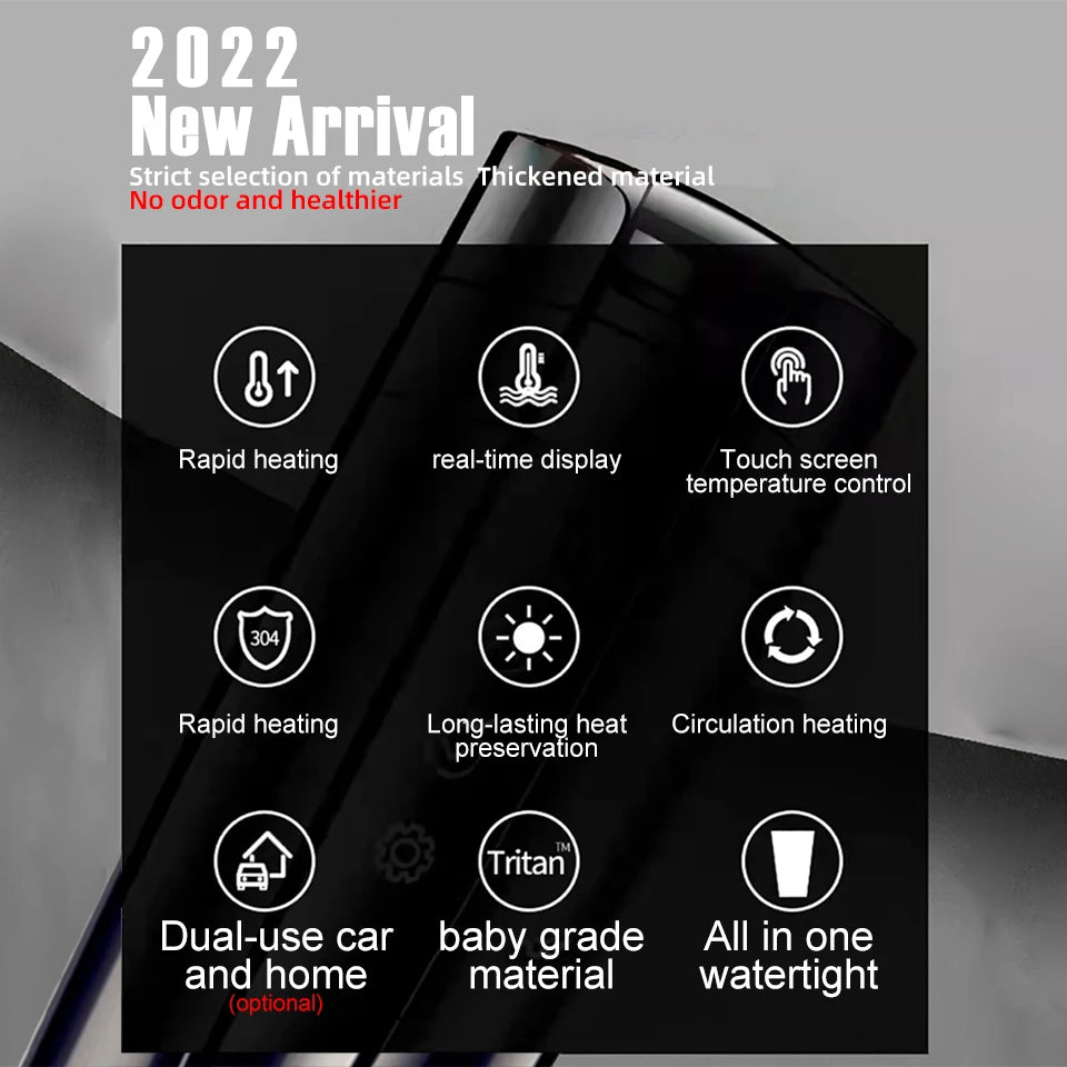 E-ACE 12V Portable Car Heating Thermos Cup - 400ml Stainless Steel Kettle with Touch Screen Digital Display