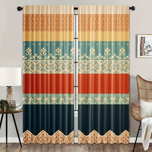 2pcs, Boho Colorful Striped Design Rod Pocket Curtains Polyester Light Filtering for Bedroom Living Room Office Machine Washable Home and Festive Decoration