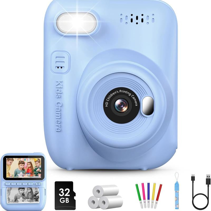 Kids Instant Print Camera, 32MP HD Photo with 3.0-Inch Screen, Christmas Birthday Gift for Boys Girls Age 3-12, Portable Digital Camera for Kids Reusable Digital Kids Camera with SD Card Perfect Gift for Christmas, Birthday, Toddler Gift